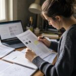 Mahasiswa membaca jurnal ilmiah sambil membuat catatan dan menandai bagian penting di meja belajar