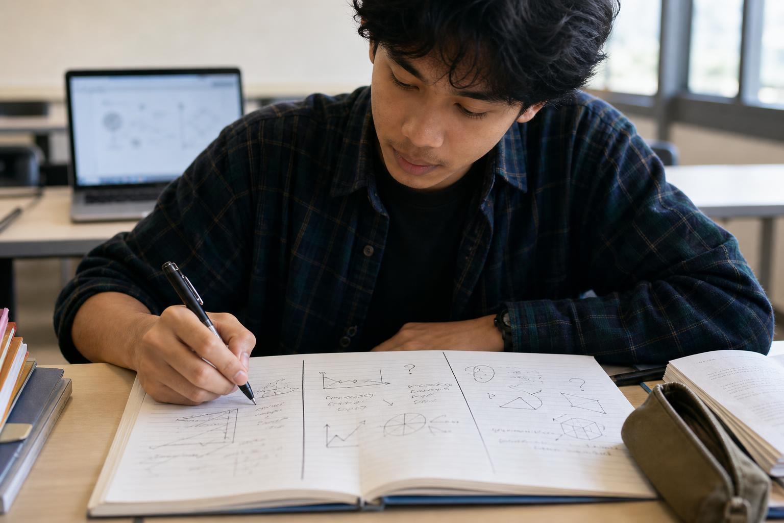 Mahasiswa menata catatan kuliah dalam tiga bagian pada sebuah buku catatan