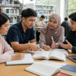 Mahasiswa berdiskusi dan menguji ingatan materi kuliah di perpustakaan kampus