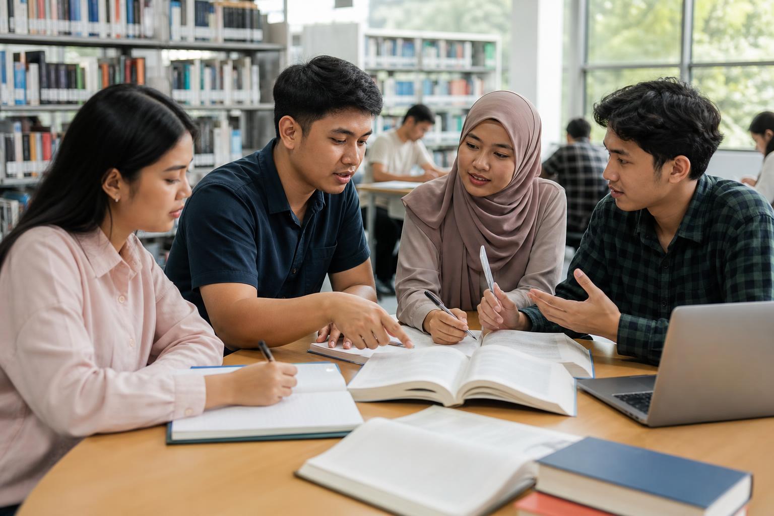 Mahasiswa berdiskusi dan menguji ingatan materi kuliah di perpustakaan kampus