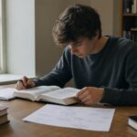 Mahasiswa membaca buku kuliah sambil membuat pertanyaan dan peta konsep di meja belajar
