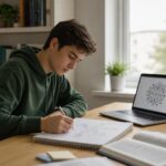 Mahasiswa belajar di meja rapi dengan catatan terstruktur, diagram sederhana, dan laptop untuk memahami materi kuliah yang kompleks
