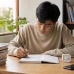 Mahasiswa menulis rencana belajar jika-maka di meja dengan buku, timer, dan ponsel yang diletakkan di samping