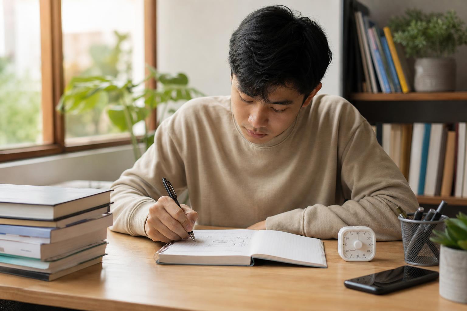 Mahasiswa menulis rencana belajar jika-maka di meja dengan buku, timer, dan ponsel yang diletakkan di samping
