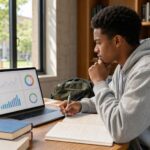 Mahasiswa meninjau pola belajar di laptop sambil mencatat rencana studi di ruang belajar