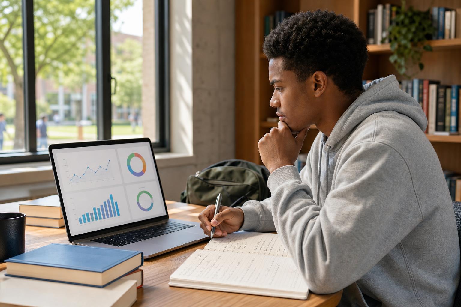 Mahasiswa meninjau pola belajar di laptop sambil mencatat rencana studi di ruang belajar