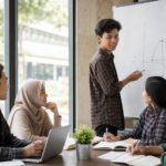 Mahasiswa menjelaskan konsep kepada teman kelompok belajar dengan bantuan diagram di papan tulis