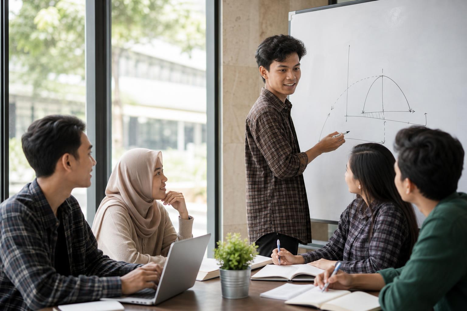 Mahasiswa menjelaskan konsep kepada teman kelompok belajar dengan bantuan diagram di papan tulis