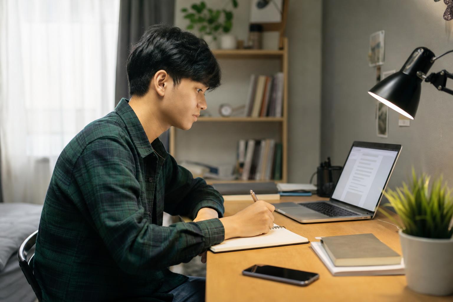 Mahasiswa belajar di meja dengan laptop, catatan, dan ponsel yang diletakkan jauh dari jangkauan