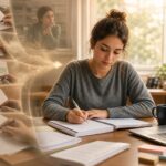 Mahasiswa belajar mandiri dengan checklist, rubrik, contoh tugas, dan catatan pertanyaan penuntun di meja belajar