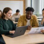 Mahasiswa dengan beragam cara belajar berkolaborasi menggunakan laptop, catatan, dan diagram di ruang kelas inklusif